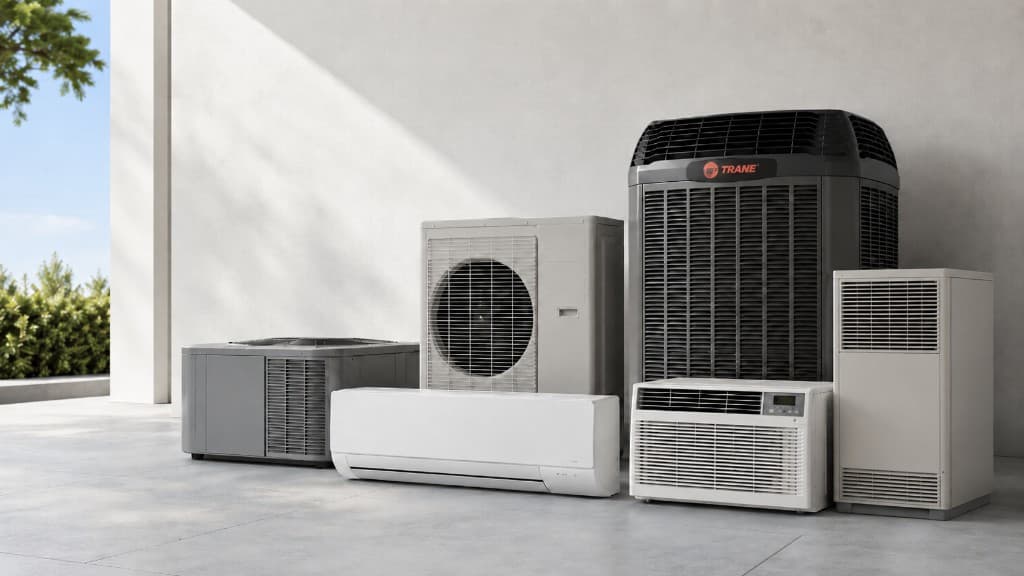 Residential HVAC equipment including Trane outdoor condensers, mini-split, window unit, and air handler